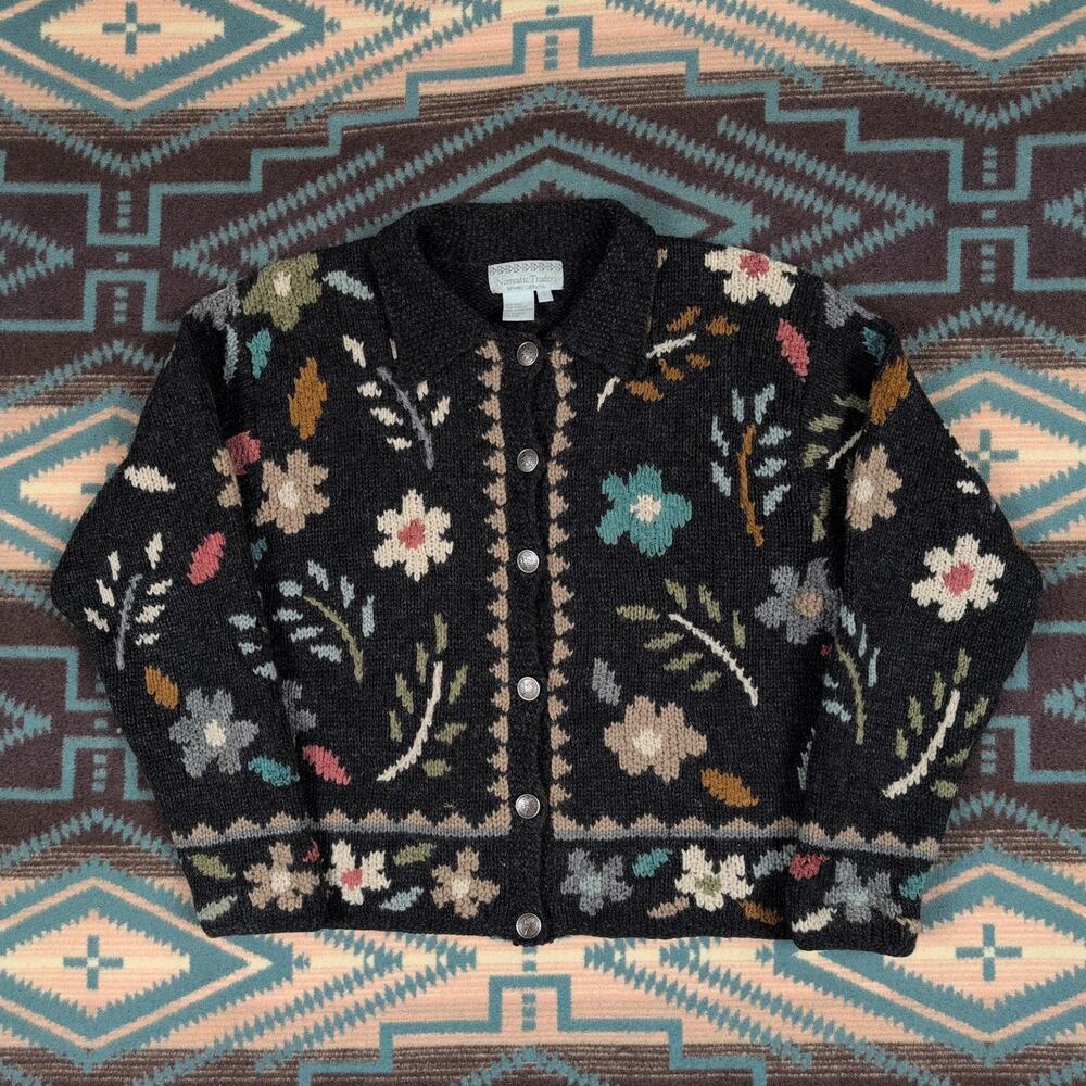 Vintage Nomadic Traders Floral Leaf Embroidered Wool Knit Cardigan Cottagecore S